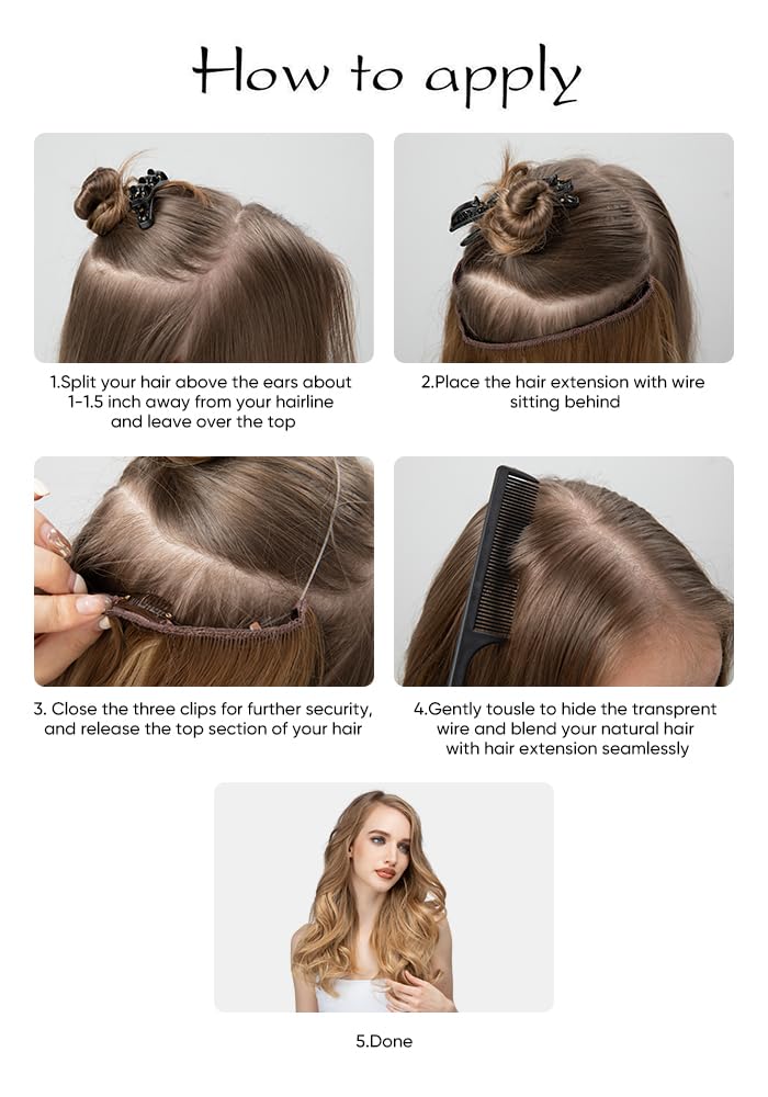 SARLA Invisible Wire Hair Extensions with 3 Clips Short Wavy Curly Synthetic Hairpiece for Women Adjustable Transparent Headband 14 Inch Chestnut