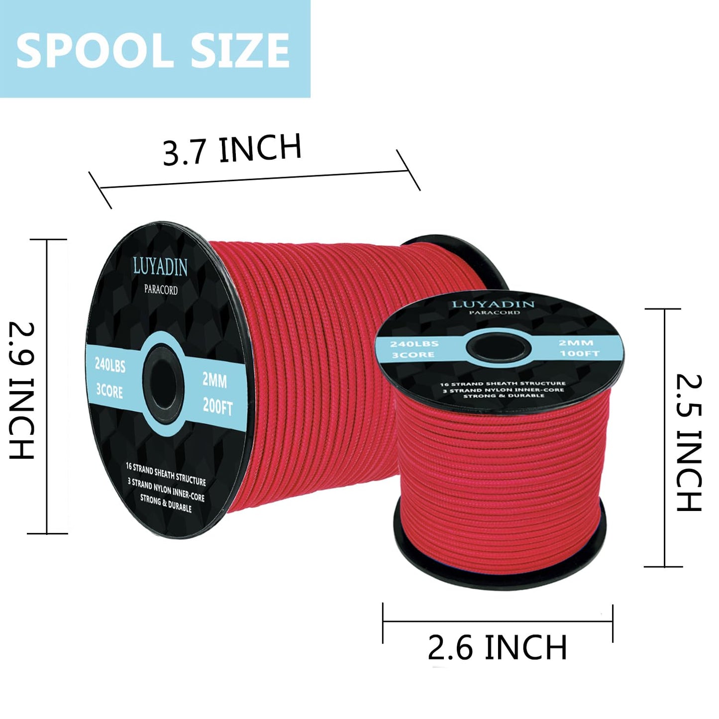LUYADIN Paracord 240lb - Diameter 2mm Micro Utility Cord -3 Strand Parachute Spool Cord - 100ft 200ft,Paracord for Camping,Hiking,Fishing,Outdoor and DIY
