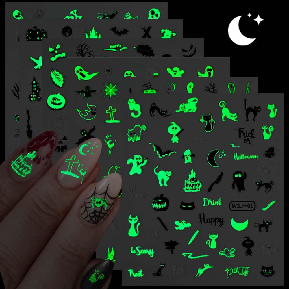 12 Sheets Halloween Nail Stickers Decals Skull Ghost Nail Decals Bat Spider Web Nail Stickers for 3D Adhesive Nail Art Stickers Pumpkin Nail Decals with Design Glow in The Dark for Women Decorations