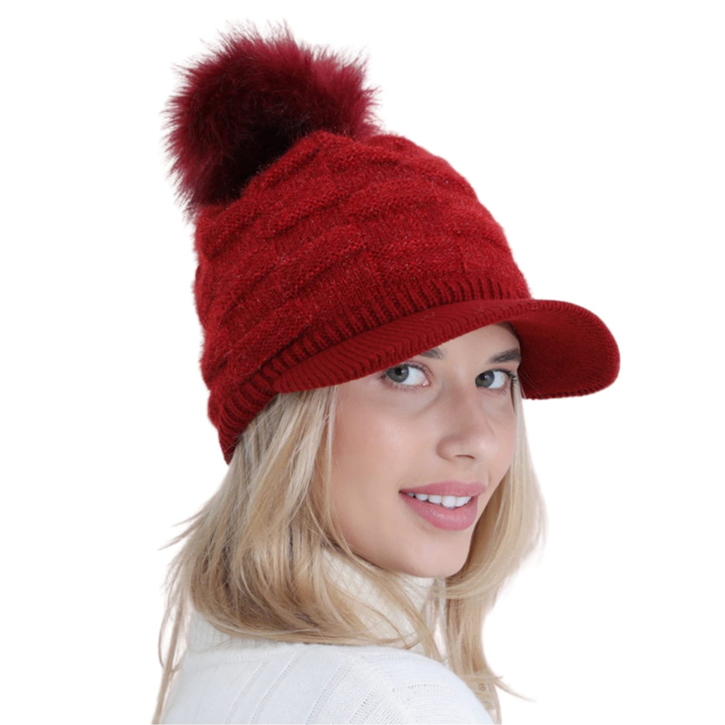 Caviotess Winter Women Girls Knitted Hats Warm Knit Snow Ski Visor Beanie Skull Cap with Faux Fur Pom Pom Ball