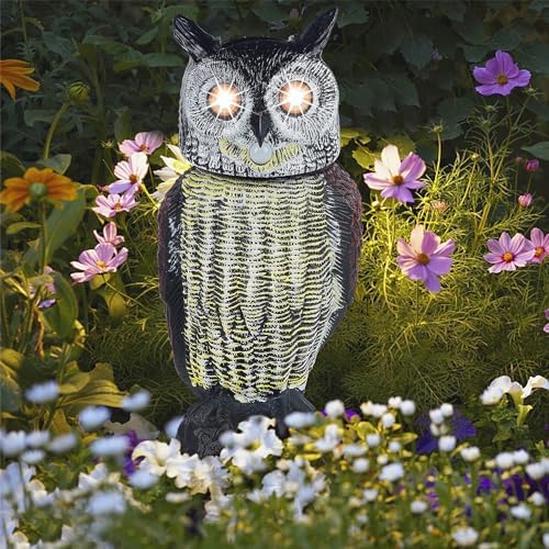 Hausse Solar Fake Owl Decoy Scare Birds Away, Solar Powered Motion Activated Scarecrow Deterrent Owl with Glowing Eyes, Scary Sound & Rotate Head, Nature Enemy Bird Repellent for Outdoor Garden Yard