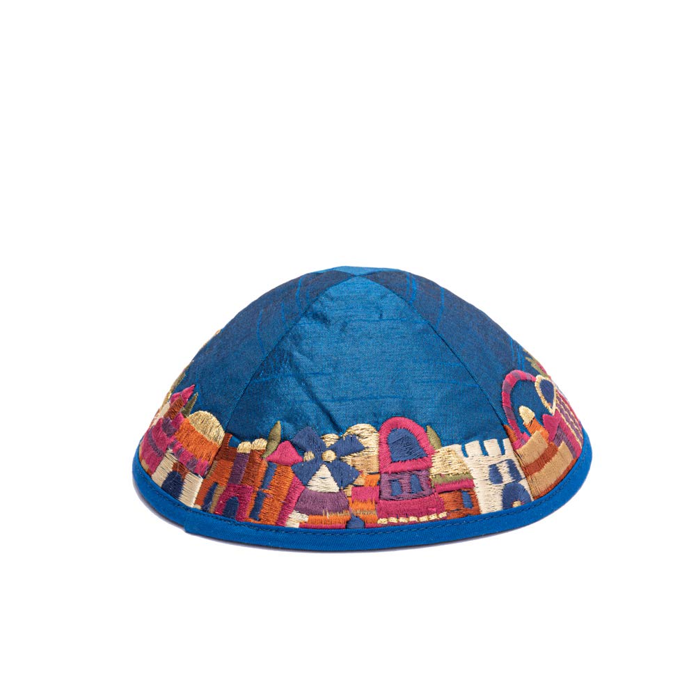 Yair Emanuel Blue Embroidered Jerusalem Design Kippah