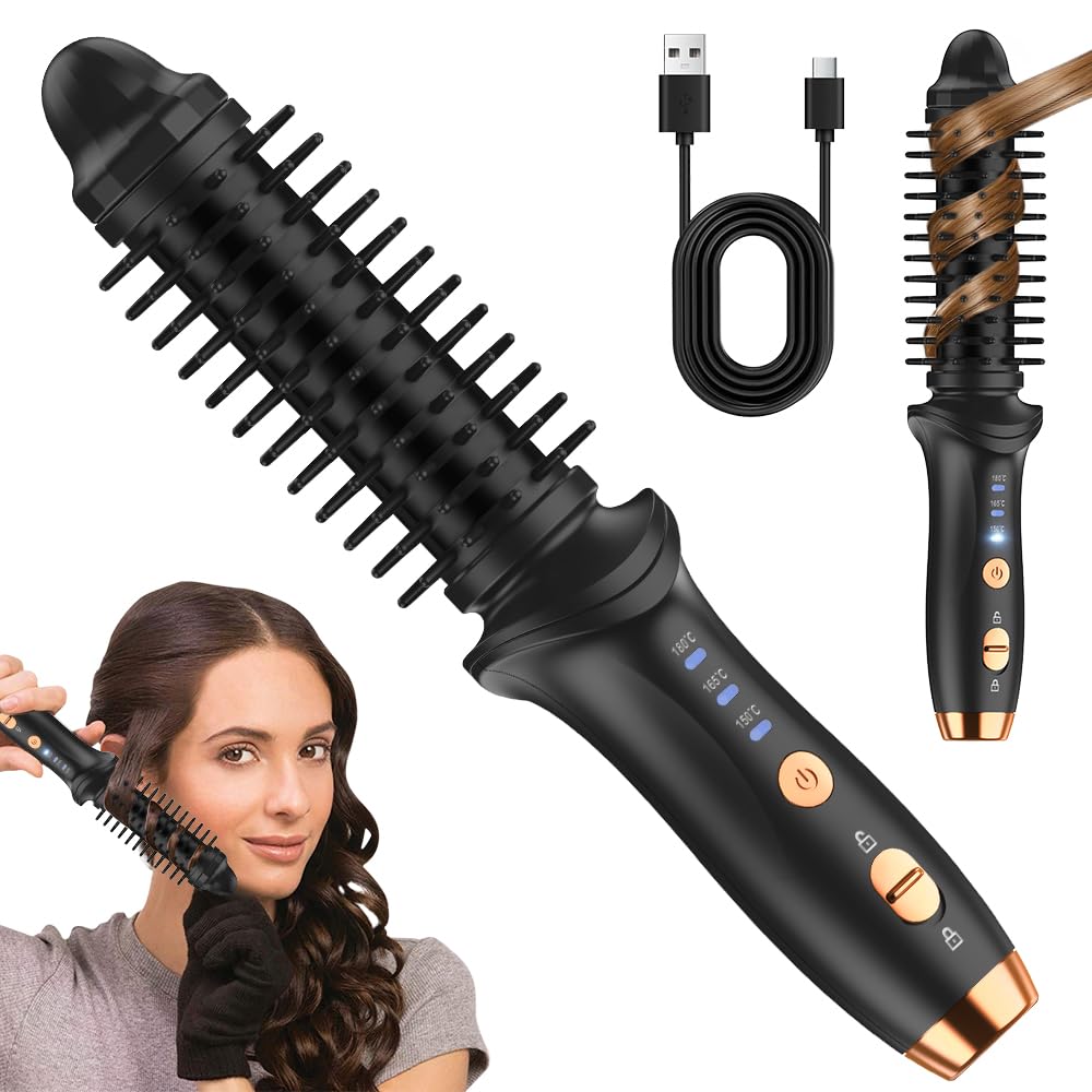 Curling Brush,Cordless Rechargeable Hair Curling Brush,Anti-Scald Heated Round Wand 4000mAh,for Short Hair and Long Hair,Up to 180°C,Heated Styling Straightener for Travel(Black)