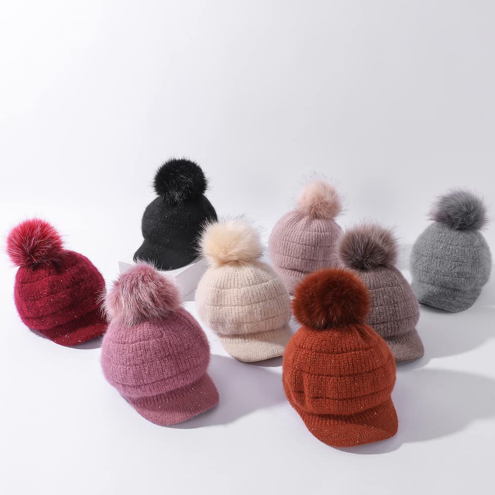 Fleece Lined Beanie Hats with Visor Brim Winter Knit Ski Cap Women Pom Pom Ball (Black)