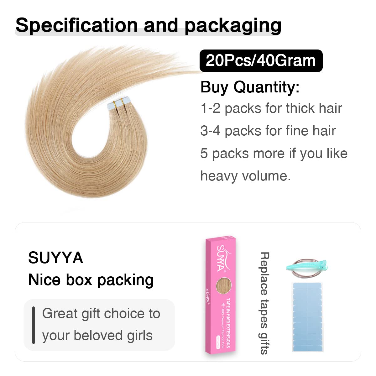 SUYYA Tape in Hair Extensions Human Hair 40g/pack 20pcs Straight Seamless Skin Weft Tape in Real Human Hair Extensions(14inch 16# Light Blonde)