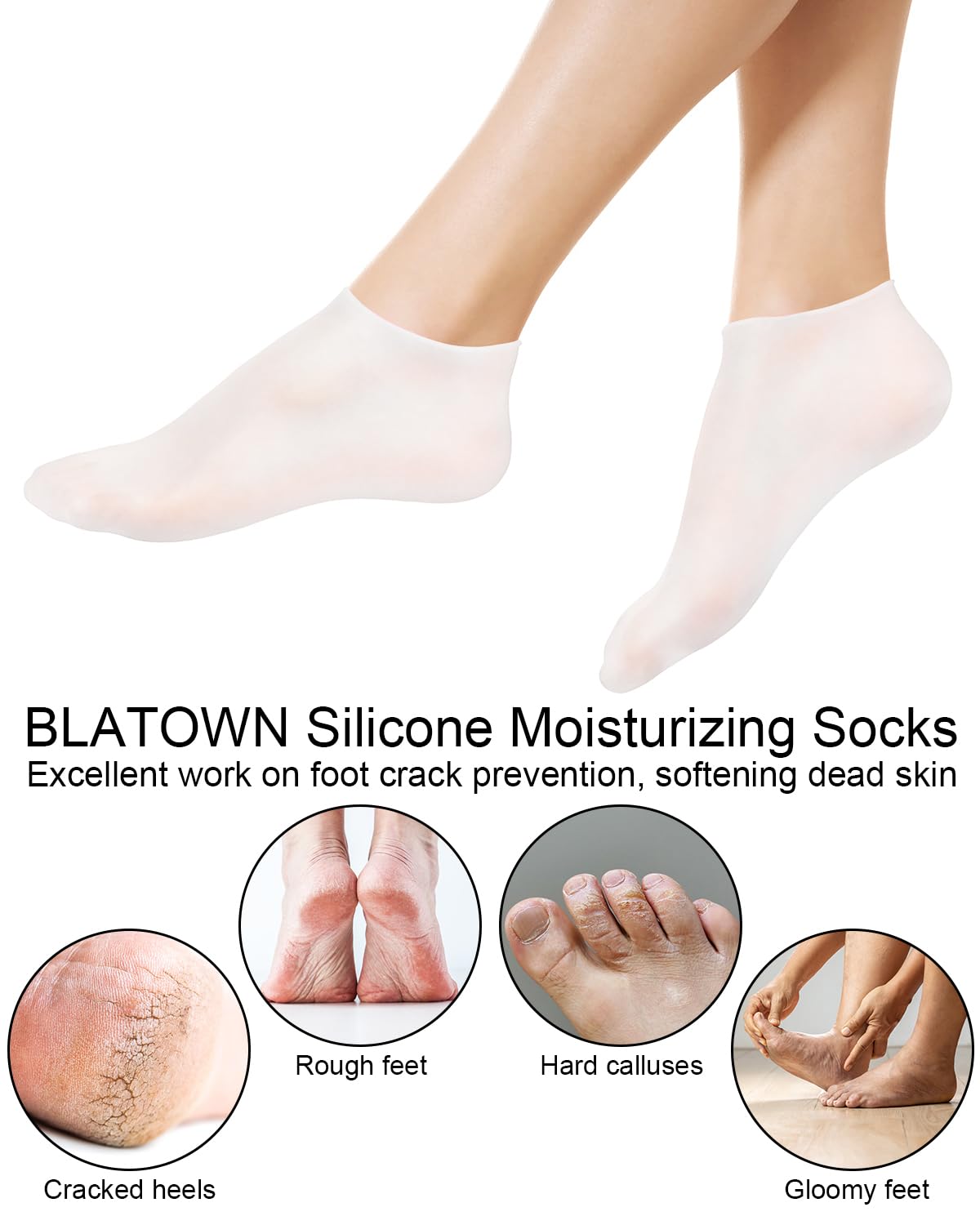 BLATOWN 2 Pairs Silicone Moisturizing Glove Socks Set, Anti Slip Soft Spa Gel Socks Softening Feet Dry Cracked Skin, Women Spa Pedicure Socks for Foot Hand Softening, Foot Care After Pedicure (White)