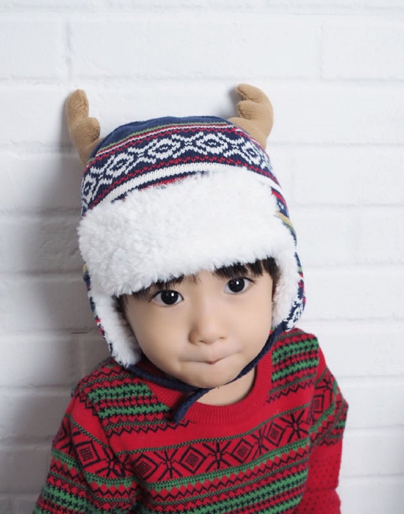 Home Prefer Baby Toddler Boys Winter Hats Warm Cotton Knitted Skull Caps with Earflaps Elk Horn Hat L 2-4T Blue