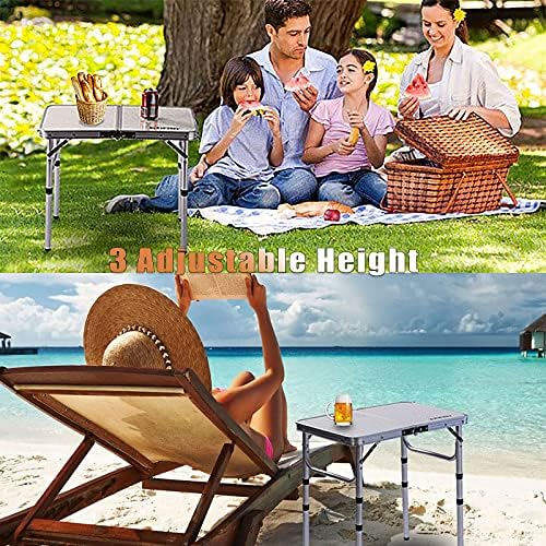 Small Folding Table Portable, 24''L x16''W Foldable Camp Table with 3 Adjustable Height, Indoor Outdoor Lightweight Aluminum for Outdoor Cooking Picnic, (3 Heights)