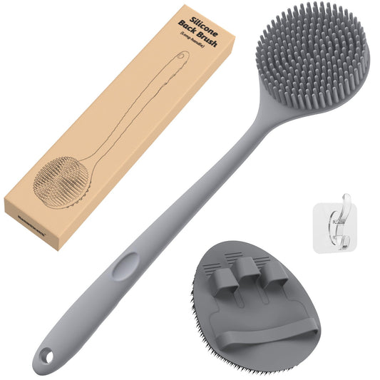 Manmihealth Silicone Back Scrubber(Thick Bristles) & Soft Bath Glove Set, Super-Exfoliating Body Scrubber & Super-Lathering Shower Brush Combination, with a Free Hook.(Gray)