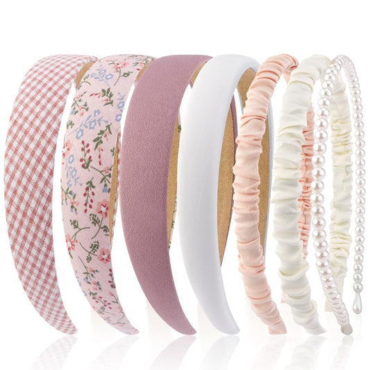 AHONEY 7 Pack Pink Headbands for Girls Women Headbands Trendy Non Slip Hairbands Cute Croquett Hair Accessories Kawaii Multi-style Headband Pack (Pink)