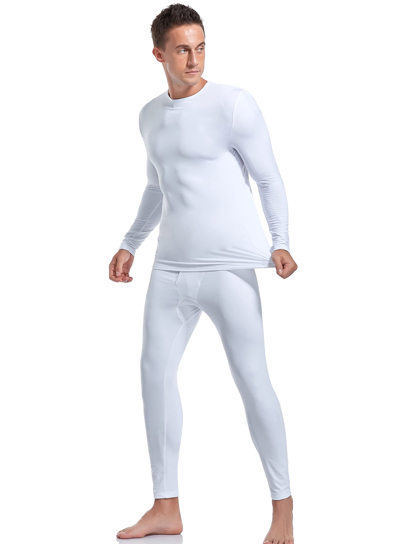 Coreal Mens Underwear Soft Thermal Wear for Men, Crew Neck Long Johns Base Layer with Fleece Lined Top & Bottom Set White Small