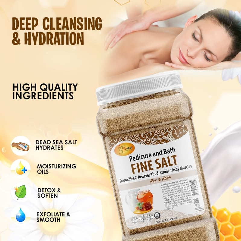 SPA REDI - Detox Foot Soak Pedicure and Bath Fine Salt, Milk and Honey, 128 Oz - Made with Dead Sea Salts, Argan Oil, Coconut Oil, and Essential Oil - Hydrates, Softens and Moisturizes