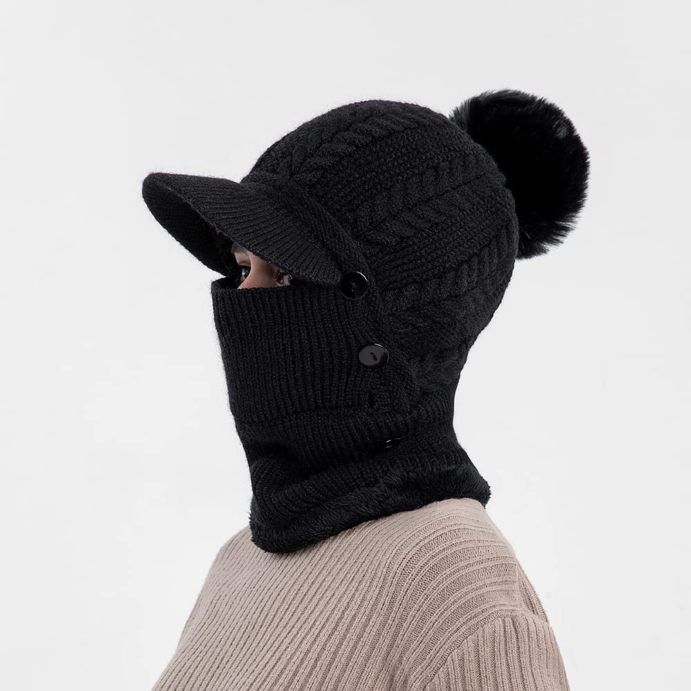 Winter Hats Warm Face Mask Cap One-Piece Scarf Mask Set Knitted Warm Bib Beanie Hat, Knitted Hat, Caps with Visor, Black