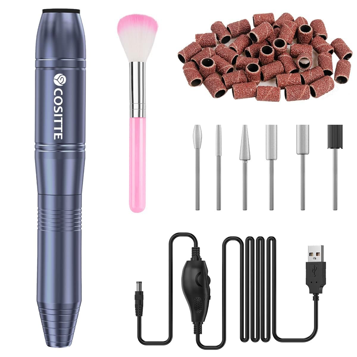 COSITTE Electric Nail Drill,USB Electric Nail Drill Machine for Acrylic Nails,Portable Electrical Nail File Polishing Tool Manicure Pedicure Efile Nail Supplies for Home and Salon Use, Gray