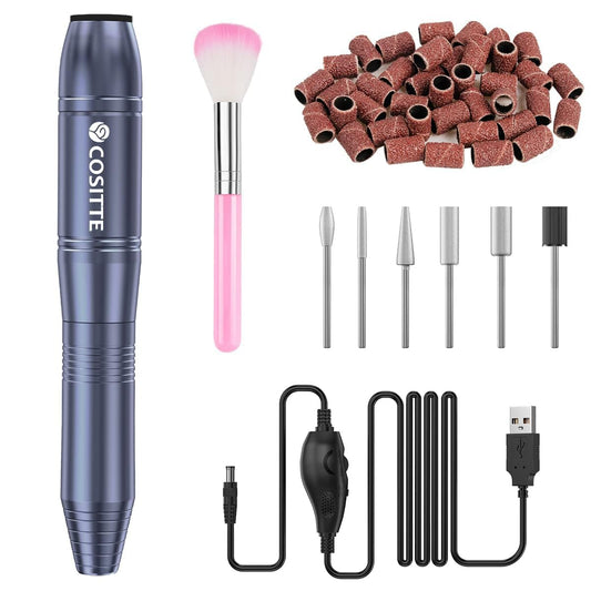 COSITTE Electric Nail Drill,USB Electric Nail Drill Machine for Acrylic Nails,Portable Electrical Nail File Polishing Tool Manicure Pedicure Efile Nail Supplies for Home and Salon Use, Gray