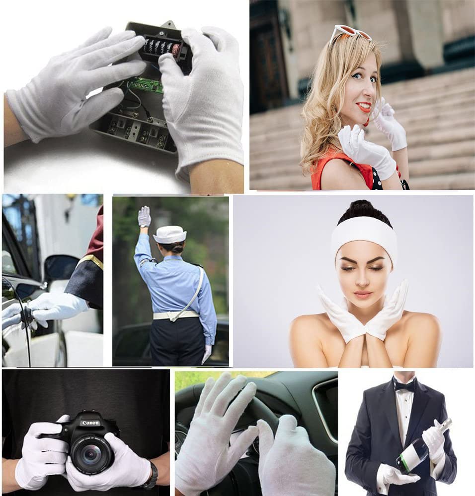 48 Pcs (24Pairs) White Cotton Gloves for Dry Hand Moisturizing Cosmetic Eczema Hand Spa and Coin Jewelry Inspection Soft, Breathable, Washable & Stretchy Cloth Checking Gloves,Serving Gloves