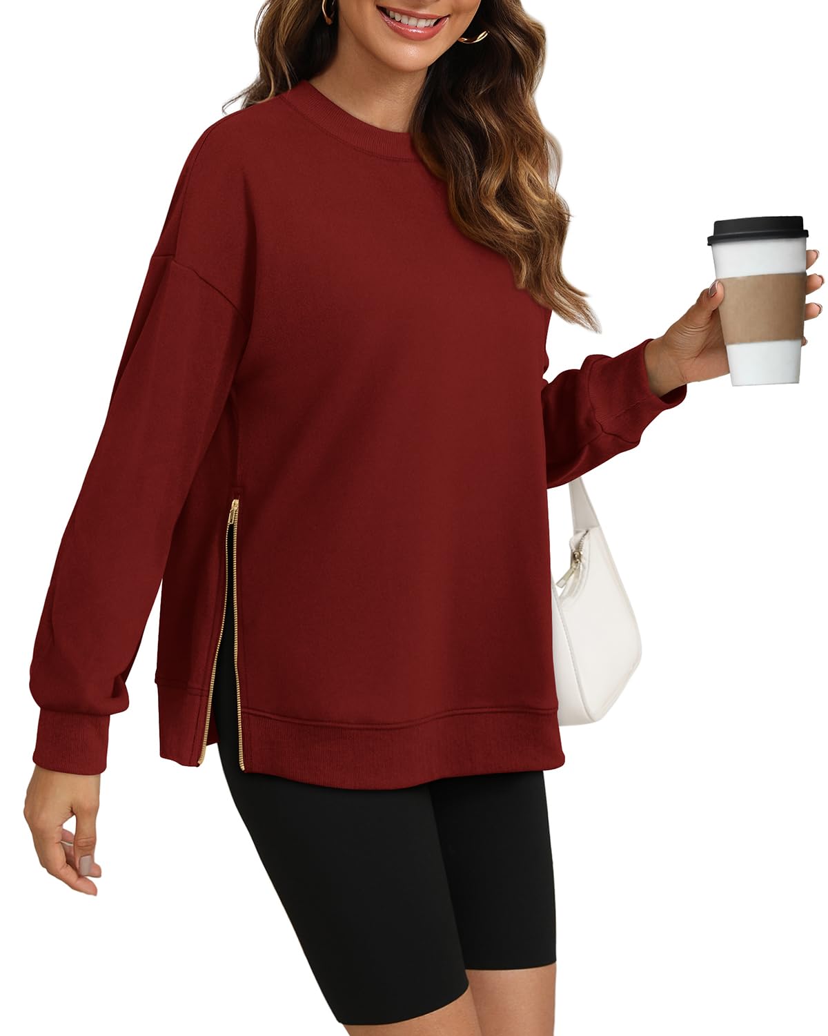 WIHOLL Oversized Sweaters for Women Loose Fit Casual Outfits Crewneck 2024 Fall Winter Sweaters Sudaderas Para Mujer Wine 2XL
