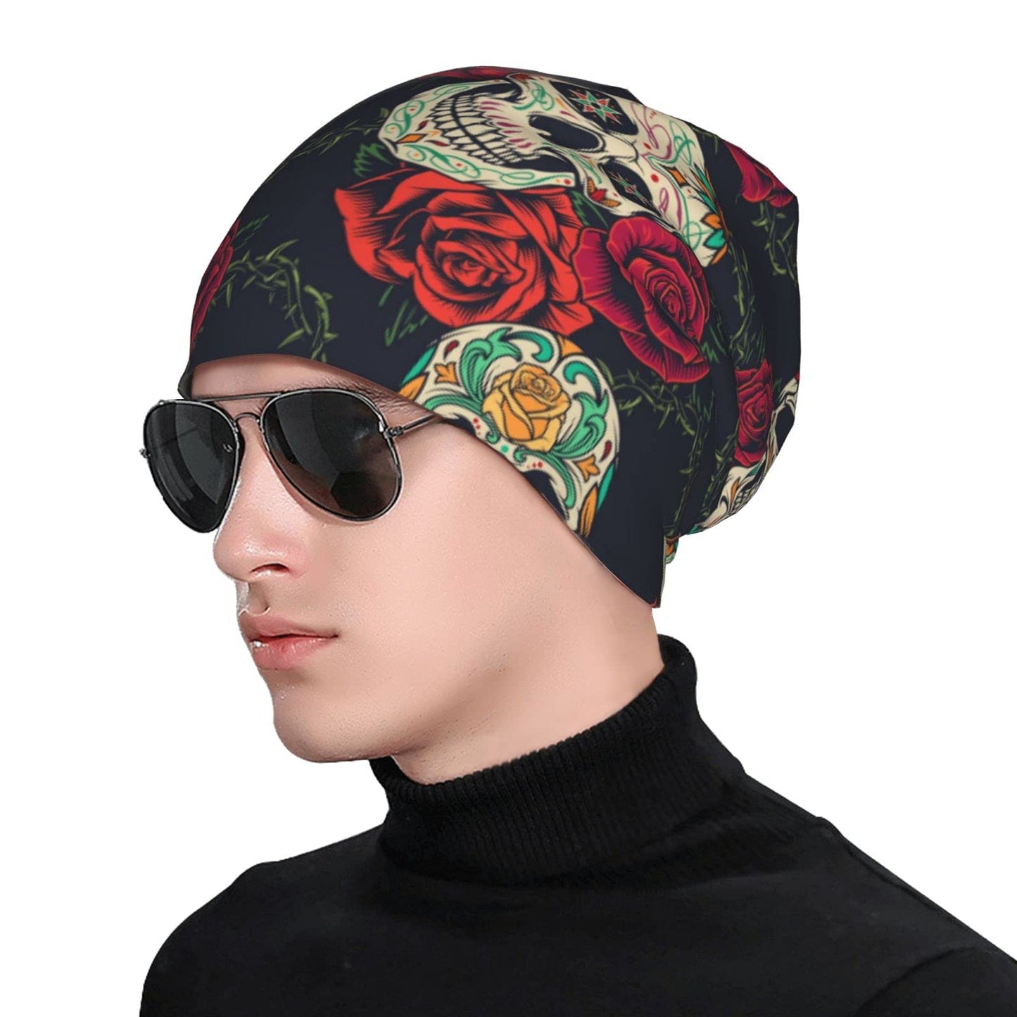 Yilad Skull Flower Beanie Slouchy Chemo Hats, Skull Caps Baggy Headwear for Jogging Cycling Unisex