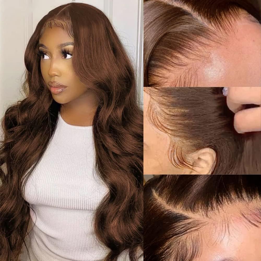 200 Density 13X6 Chocolate Brown Body Wave Lace Front Wigs Human Hair 13x6 HD Transparent Lace Front Wigs For Women Auburn Brown Colored with Baby Hair Glueless Wigs Human Hair Full And Thick 18Inch