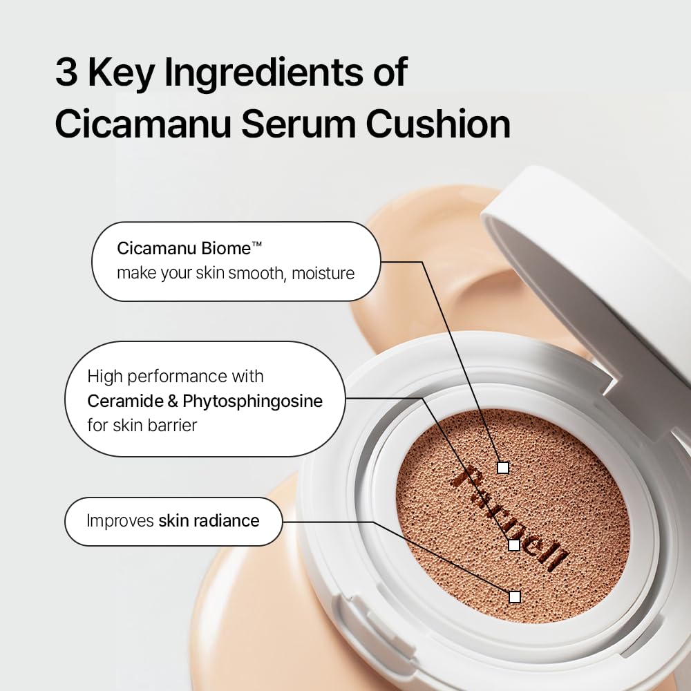 Parnell Cicamanu Serum Cushion - Moisturizing Foundation for Soothing, Coverage, Glass Skin and Lightweight for Sensitive and Dry Skin Pearl Skin (0.52 Fl Oz) (33N)