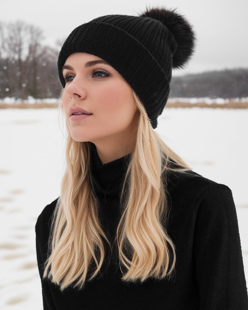 PHILIGHTS 2PCS Womens Beanie with Faux Fur Pom Pom, Wool & Satin Lined Winter hat,Warm Knit Ski Hats Cuffed Skull Cap