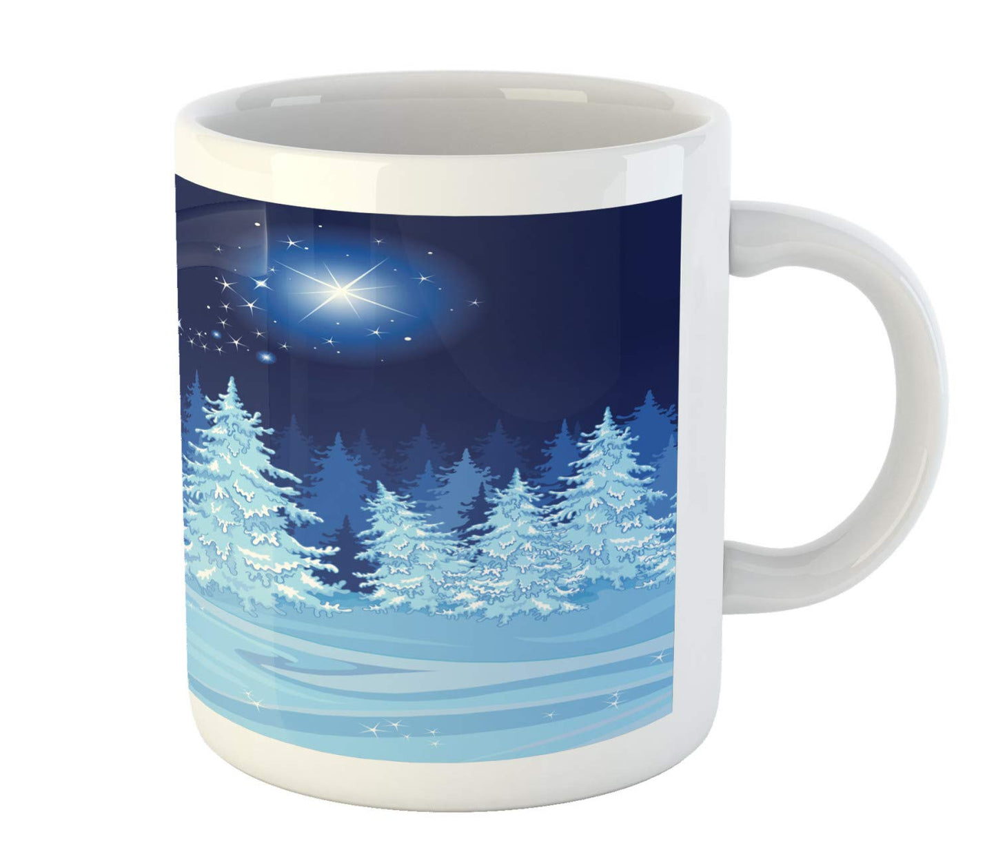 Lunarable Winter Scene Mug, Pine Trees Snowfall in Forest at Night Print, Ceramic Coffee Mug Cup for Water Tea Drinks, 11 oz, Indigo Blue