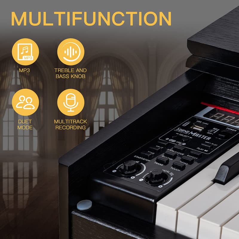 HEXANT 88-Key Weighted Digital Piano, Full-Size Semi-Weighted Upright Flip Electric Keyboard Piano with 3 Pedal and Multi-Functional Keyboard for Beginner(with Bench,Black)