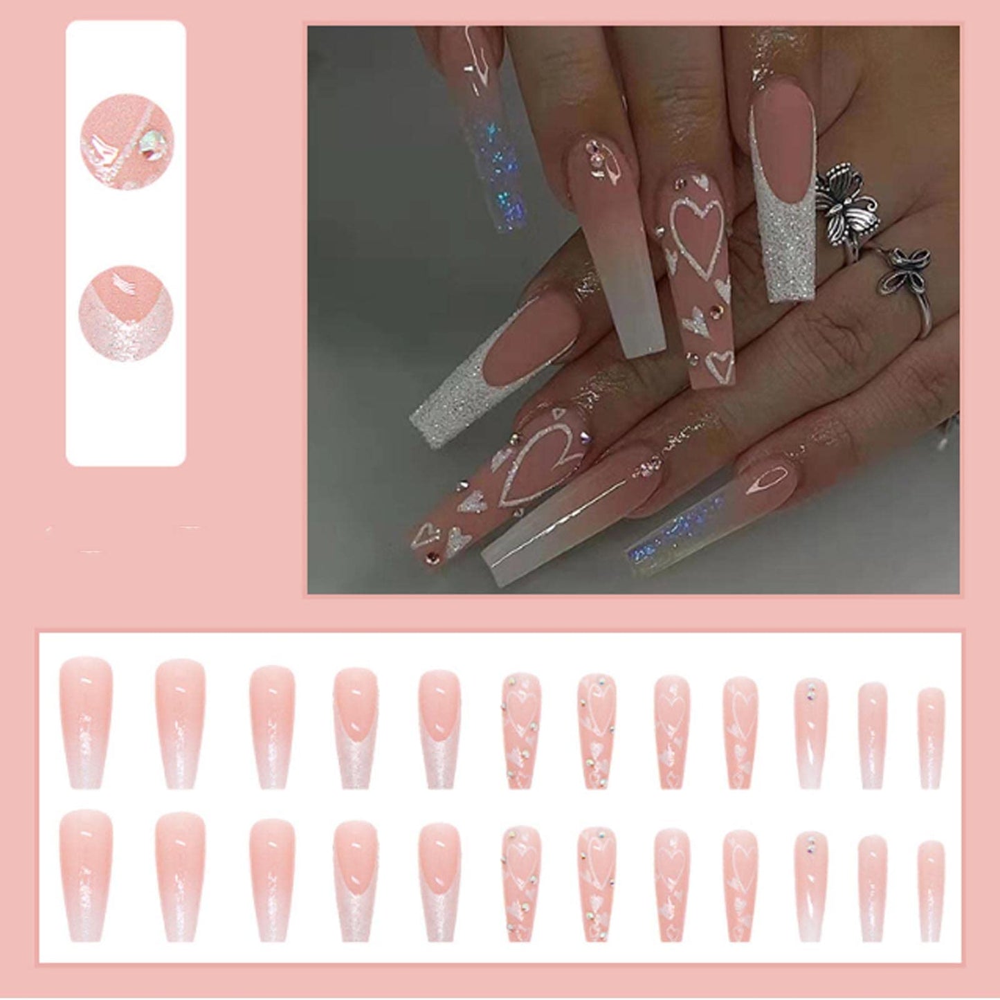 DANMANR Long Press on Nails Square French Fake Nails Full Cover Nude Acrylic False Nails for Women and Girls 24PCS (French Coffin Pink)
