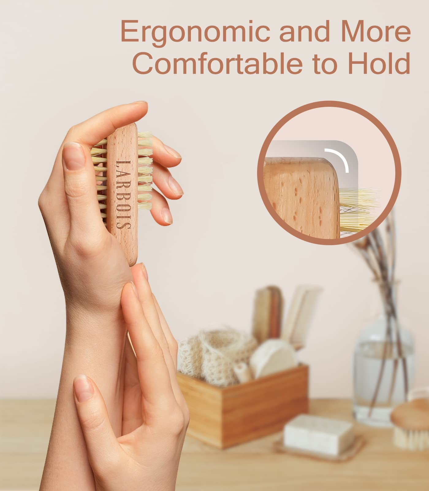 Larbois Nail Brush for Cleaning Fingernails, 2Pack Wooden Nail Brushes Fingernail Brush for Cleaning Nail Scrub Brush Two-Sided with Hanging Rope (Beechwood)
