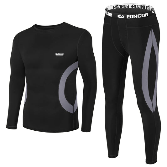 EONGOA Men's Thermal Underwear Set Long Johns Set with Fleece Lined Skiing Winter Warm Base Layers for Cold Weather A-black