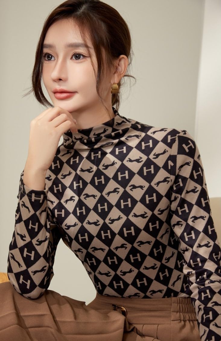 Freaswind Dralon Turtleneck Tops for Women Autumn Winter Thickened Thermal Underwear Inner Warm Printed Long-Sleeved Shirt (US, Alpha, Small, Regular, Regular, Horse)