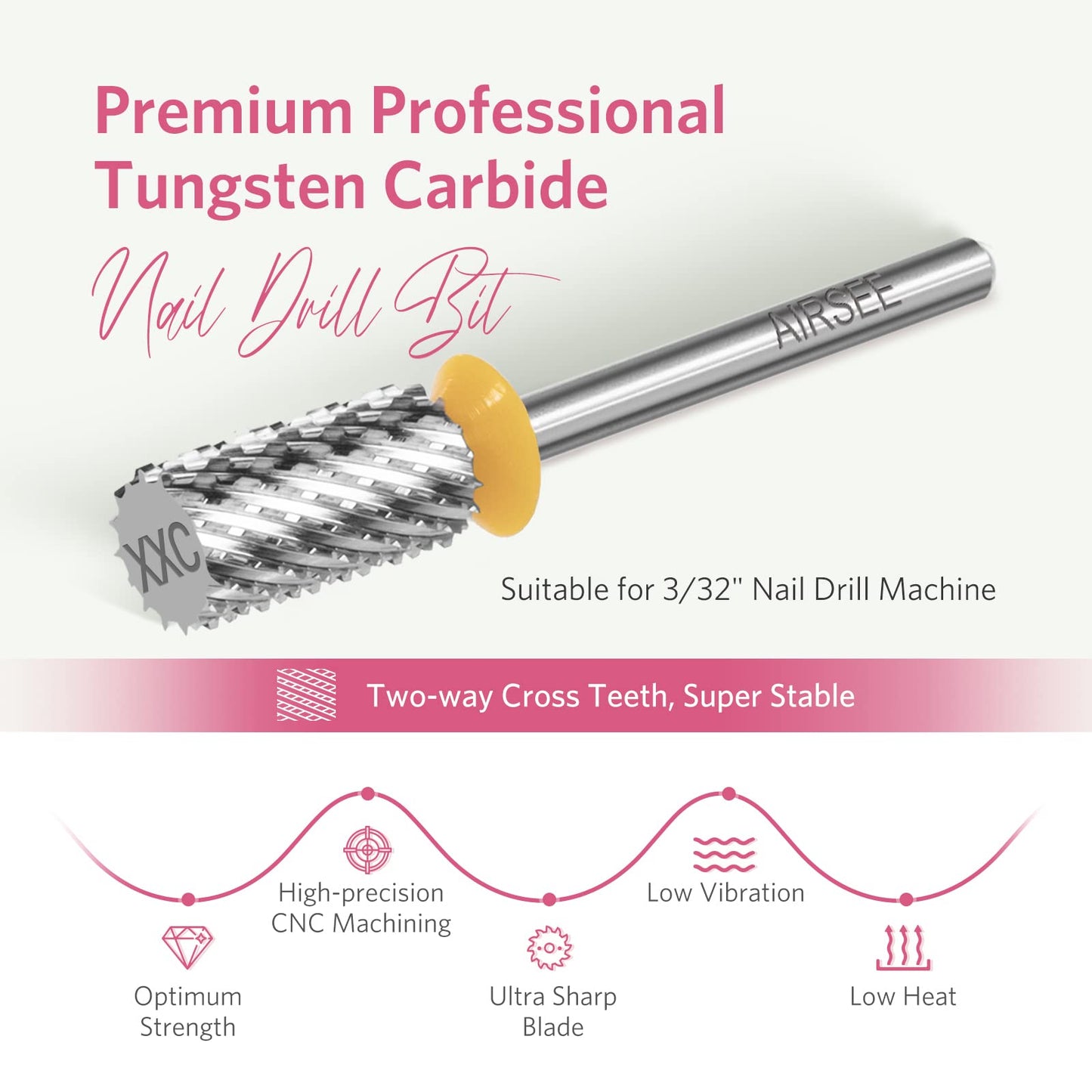 AIRSEE Tungsten Carbide Acrylic Nail Drill Bit Efile Electric File Machine Head Tip for Manicure Polishing Art Remove Gel 3/32" 2 Way Professional Tech Flat Top Cylinder Barrel 2X Coarse-2XC