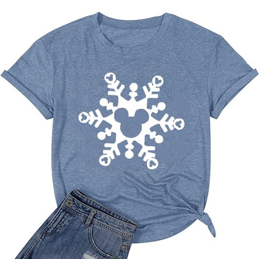Magic Christmas Shirts for Women Cute Snowflake Graphic Tees Winter Letter Print Short Sleeve Xmas Tops-M (Ink Blue)