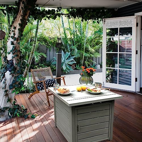28 Inch Propane Fire Pit Table, Outdoor Gas Fire Pits with Lid & Lava Rock, 50000 BTU Firepit for Dinning, Party in Outside, Patio, Garden or Yard (Light Grey)