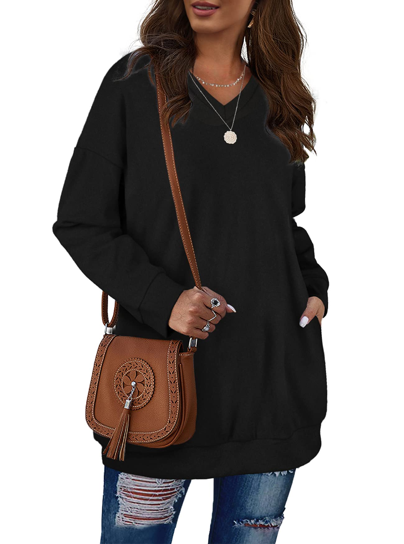 OFEEFAN Black Sweatshirt Plus Size Tops for Women V Neck Winter Long Sweater 3XL