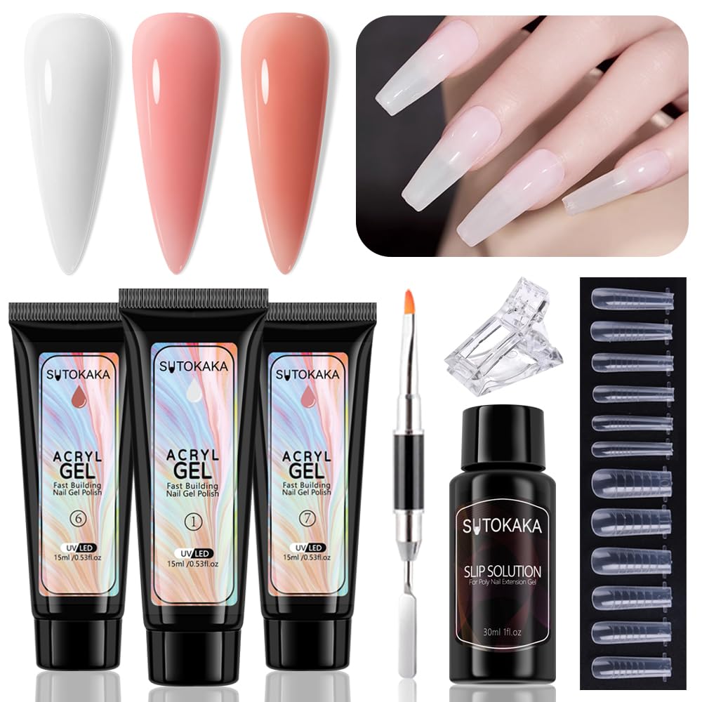SUTOKAKA Poly Extension Gel Nail Kit, White Nude Pink Builder Gel Nail Enhancement Gel with Slip Solution Dual-Ended Brush, Nail Dual Forms for Polygel Nail Art Salon DIY at Home Beginner Kit