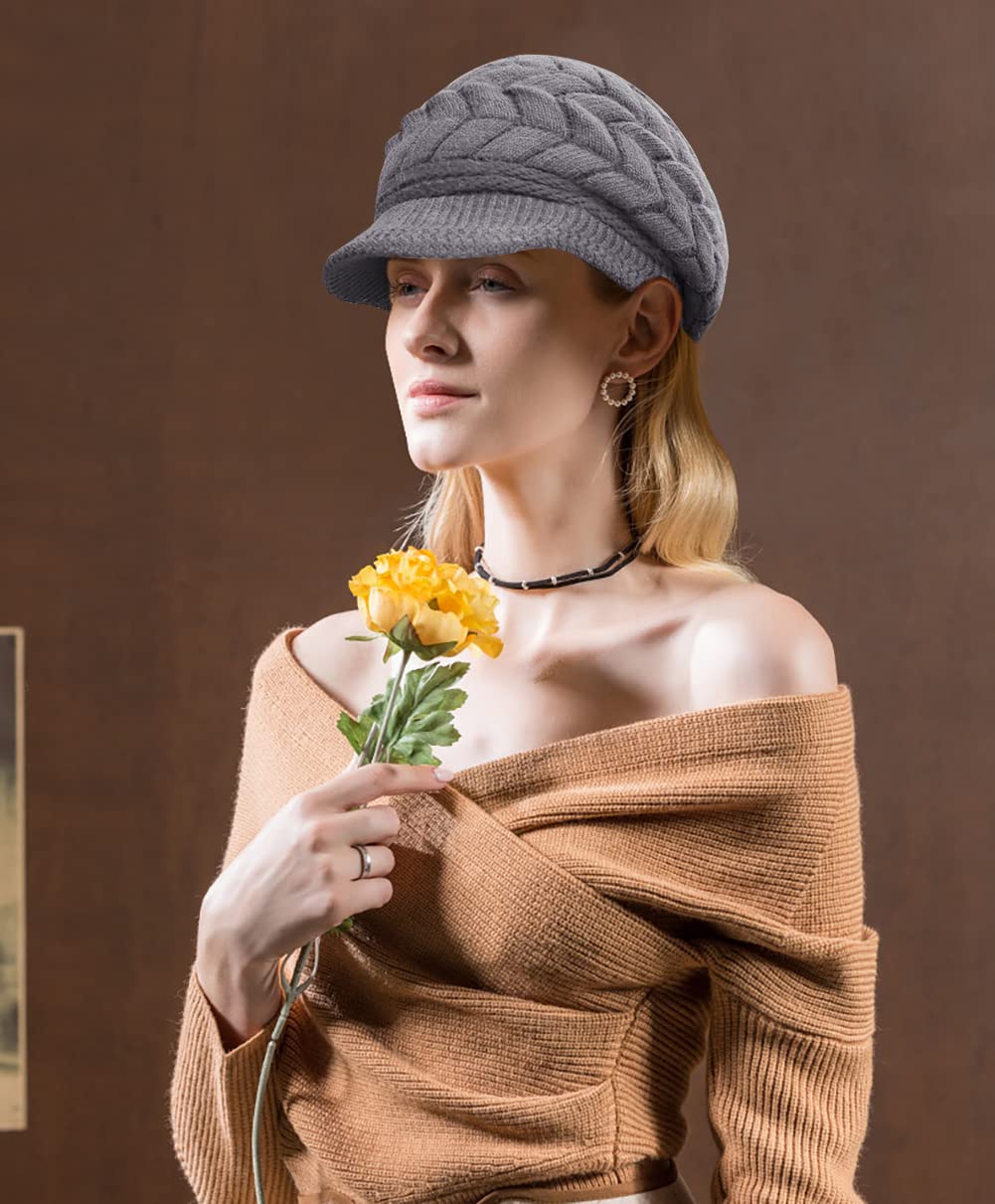 WULIQIUQIU Women Winter Warm Knit Hat Slouchy Beanie Cap Wool Snow Ski Caps with Visor Grey