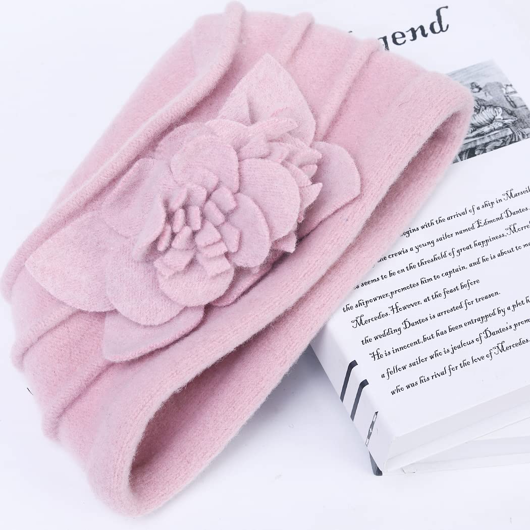 Vintage Women Floral Wool Dress Cloche Winter Hat 1920s (C022-D-Pink)