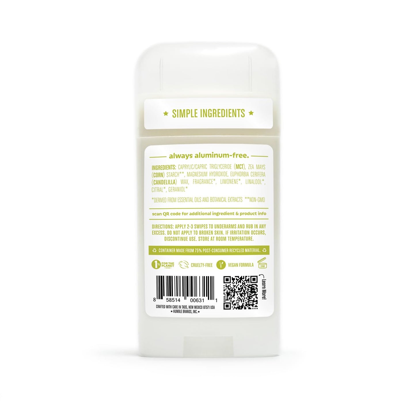 HUMBLE BRANDS Aluminum-Free Deodorant, Vegan and Cruelty- free, Formulated for Sensitive Skin, Bergamot & Ginger, 2.5 Ounce (Pack of 1)