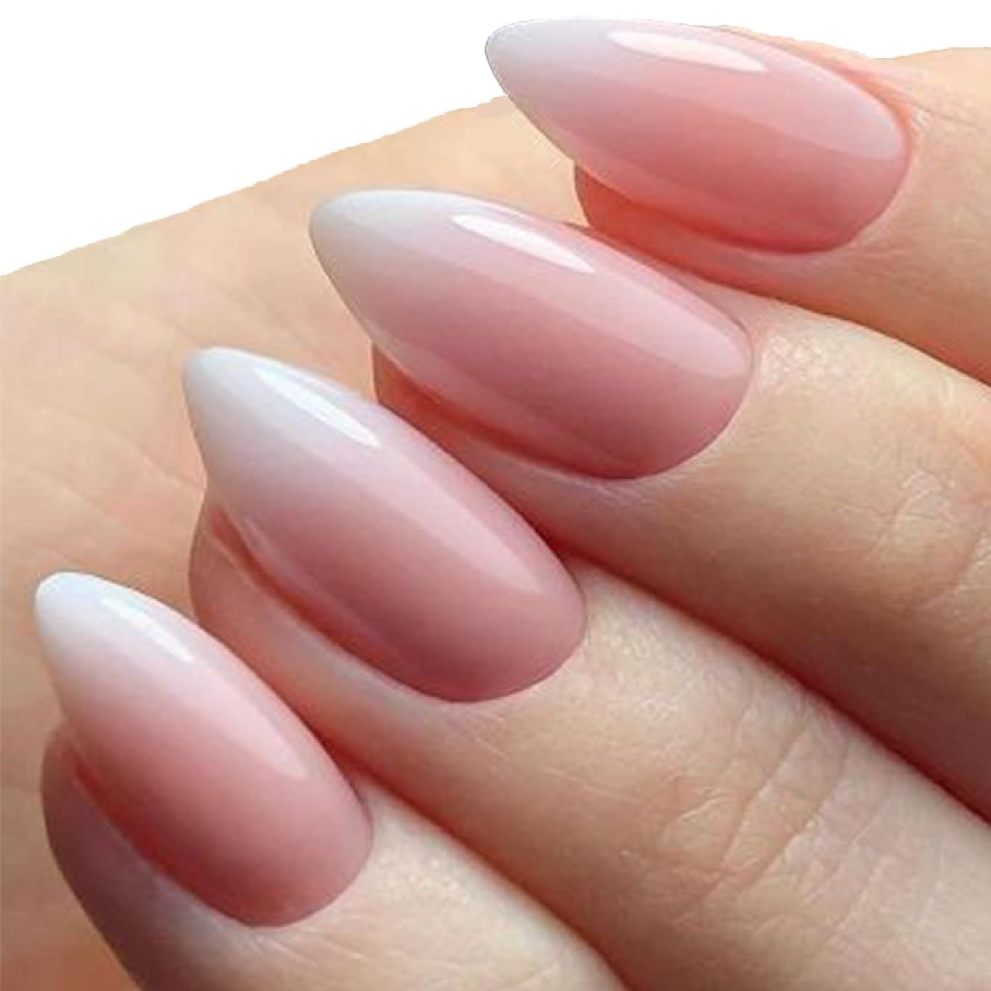 GLAMERMAID Ombre Pink Press on Nails Medium Almond, Natural White Crush Nails, Stiletto Fake Nails with French Design, Short Oval Stick Glue on Nails Tips for Women, Reusable Acrylic False Nail Kits
