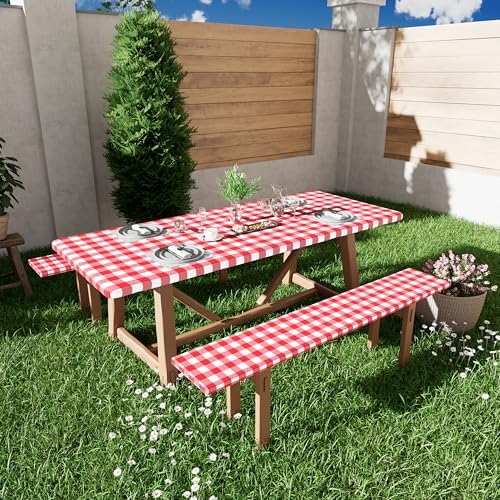 Smiry Picnic Table Cover with Bench Covers, Waterproof Elastic Fitted Tablecloths for 6 Foot Rectangle Tables, Washable Buffalo Plaid Tablecloth for Camping, Outdoor (Red & White, 30"x72")