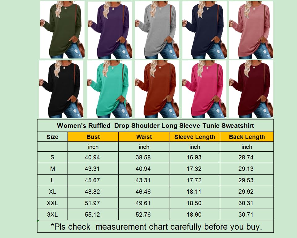 BETTE BOUTIK Plain Tunic Women Ruffle Sweatshirt Plain Basic Crewneck Sweatshirt Long Sleeve Tunic with Slits on Sides Sweatshirt Tunics for Women Rose X-Large