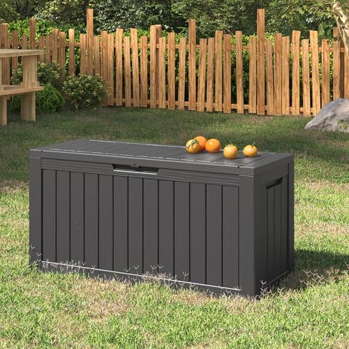 NUNU LAB 75 Gallon Outdoor Storage Box,Large Resin Sturdy Deck Box, Backyard Outside Storage Box Waterproof with Double Wall Panels,Package Delivery Garden Hose Storage Bin Outdoor Tool