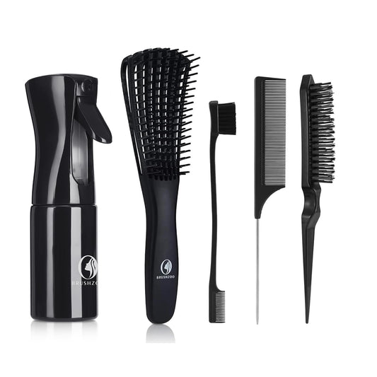 BRUSHZOO Hair Brush Set, Hair Brushes for Women Men kid Wet Dry All Hair Detangling Parting Styling, Brush Set with Detangler Brush, Edge Brush, Teasing brush, Rat Tail Comb (Black)