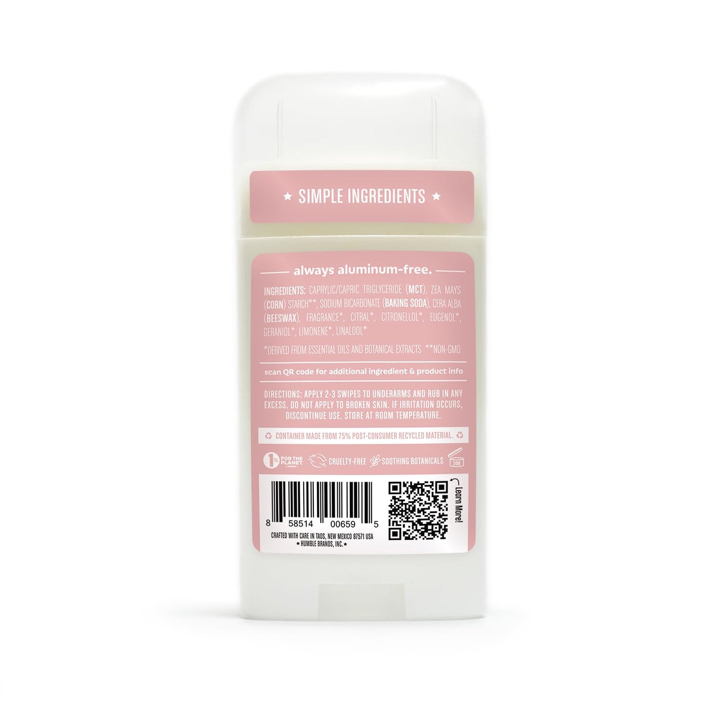 HUMBLE BRANDS Original Formula Aluminum-free Deodorant. Long Lasting Odor Control with Baking Soda and Essential Oils, Moroccan Rose, 2.5 oz, 3 Pack