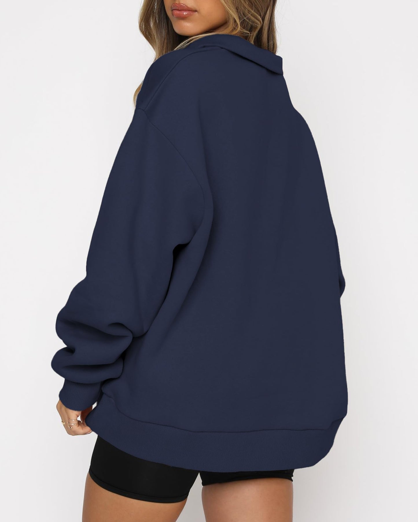 BTFBM Women's Quarter Zip Sweatshirt 2024 Fall Spring Oversized Casual Long Sleeve Workout Pullover Y2K Clothes(Solid Navy, Large)