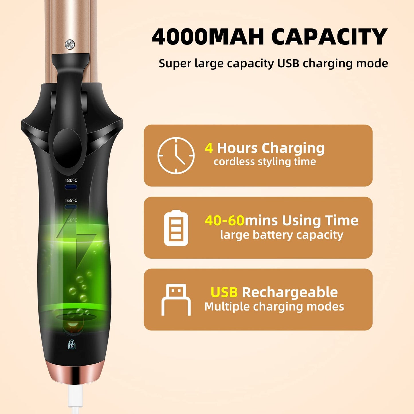 Cordless Curling Iron Rechargeable, Curling Iron, USB Mini Cordless Hair Curler with 3 Temp Setting 302°F-356°F, Portable Battery Operated Curling, Hair Straightener and Curler Travel