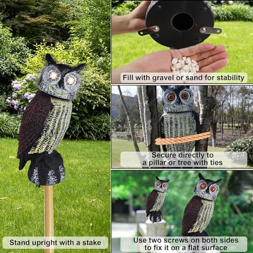 Hausse Solar Fake Owl Decoy Scare Birds Away, Solar Powered Motion Activated Scarecrow Deterrent Owl with Glowing Eyes, Scary Sound & Rotate Head, Nature Enemy Bird Repellent for Outdoor Garden Yard