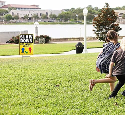 Slow Down Signs 2 Pack 17.8"x12" Slow Down Kids At Play Sign, Double Sided Slow Down Kids and Pets at Play Yard Signs With Metal Stakes, Weatherproof, 900g/m² Superhard Corrugated Plastic