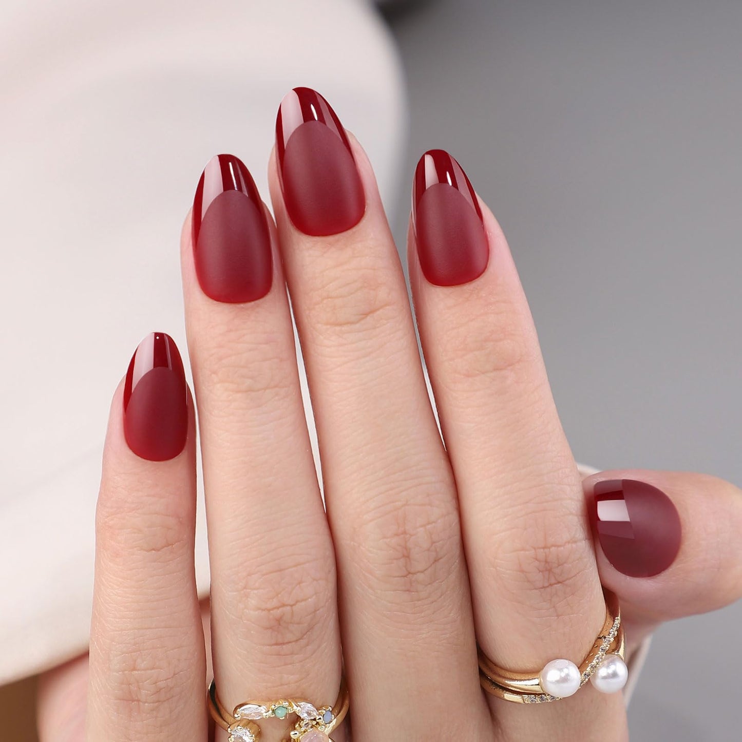 SHANGMENG Matte Red French Tip Press on Nails Almond - Soft Gel Press on Nails Short for Women Gift, Fit Natural Stick on Nails with Glue in 16 Sizes - 32 Reusable Fake Nails, Ancora Red